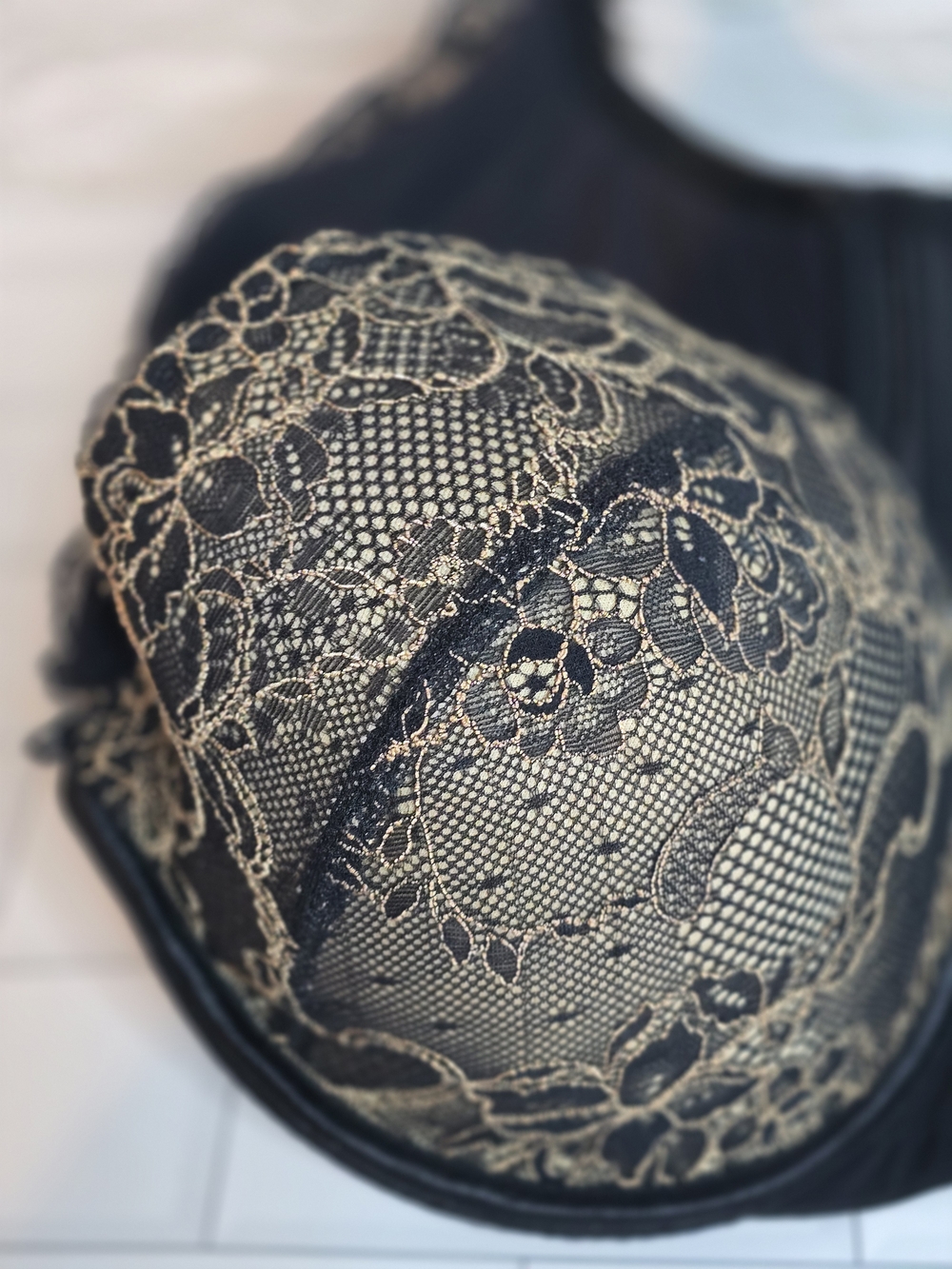 Cacique Black Bra with Gold Lace Overlay Sz 38DDD